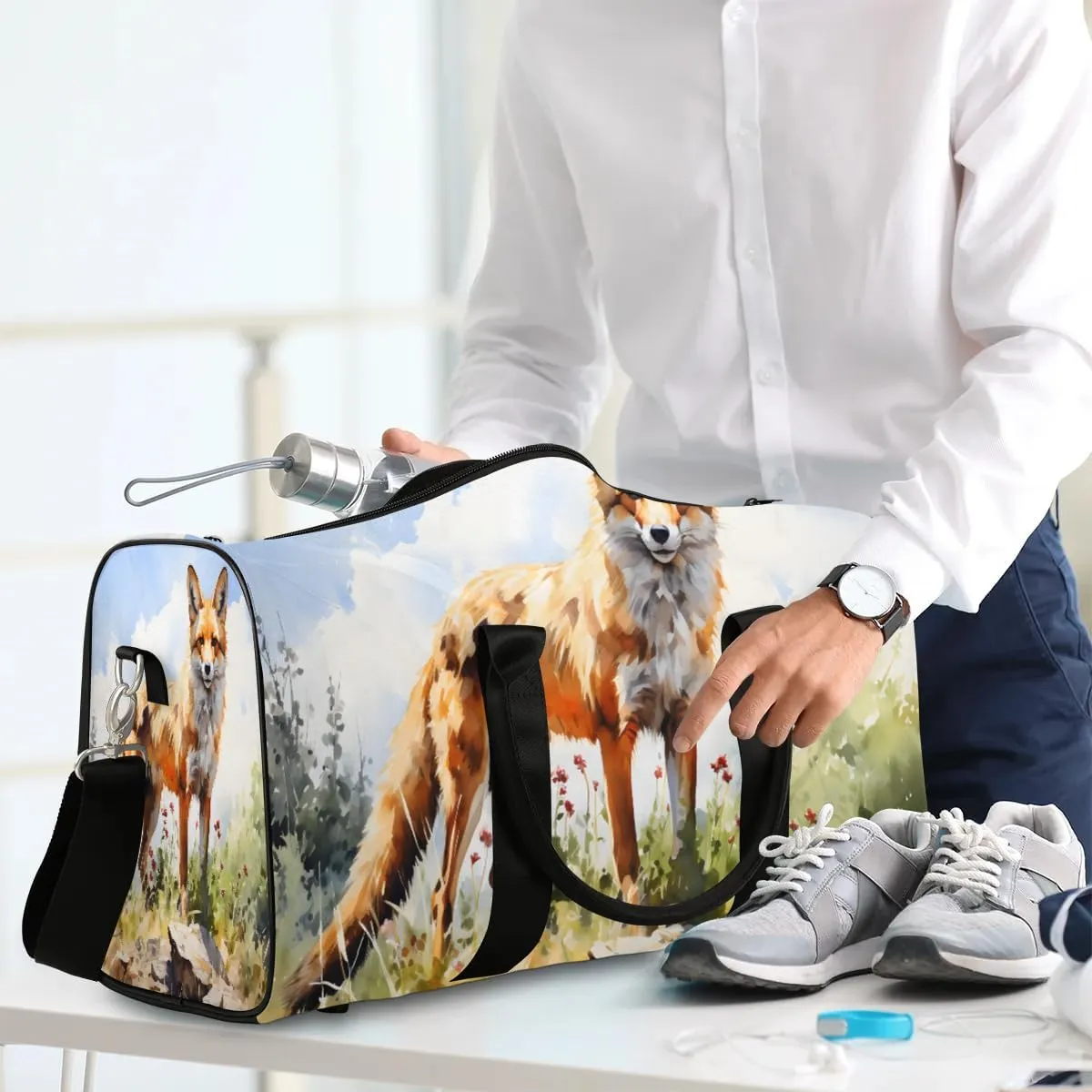 Fox Print Travel Duffel Bag for Women Men Waterproof Foldable Overnight Weekender Bag Large Capacity Sports Gym Bag