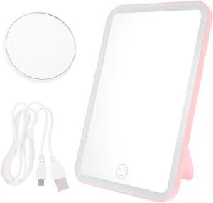FRCOLOR 1pc LED Makeup Mirror with Adjustable Brightness Foldable Desktop Design Back Hook Stand for Bedroom Cloakroom Use Pink