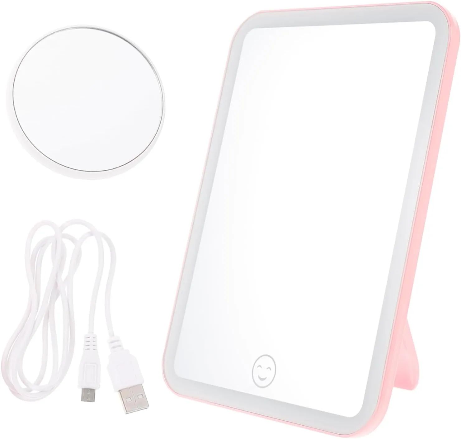 FRCOLOR 1pc LED Makeup Mirror with Adjustable Brightness Foldable Desktop Design Back Hook Stand for Bedroom Cloakroom Use Pink