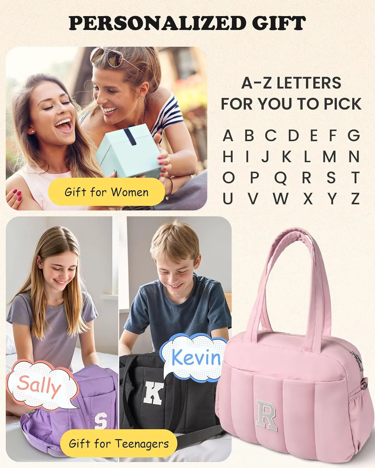 Friend Birthday Women Gift, Initial Duffel Bag, Personalized Woman Weekender Bag, Monogram Overnight Bag for Her, Girls Travel Bag with Makeup Bag, Friend Graduation Gift (Letter K)