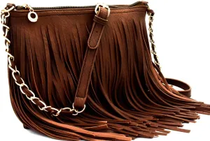 Front and Back Both Side Fringed Soft PU Leather Medium Long Cross Body Messenger Shoulder Bag
