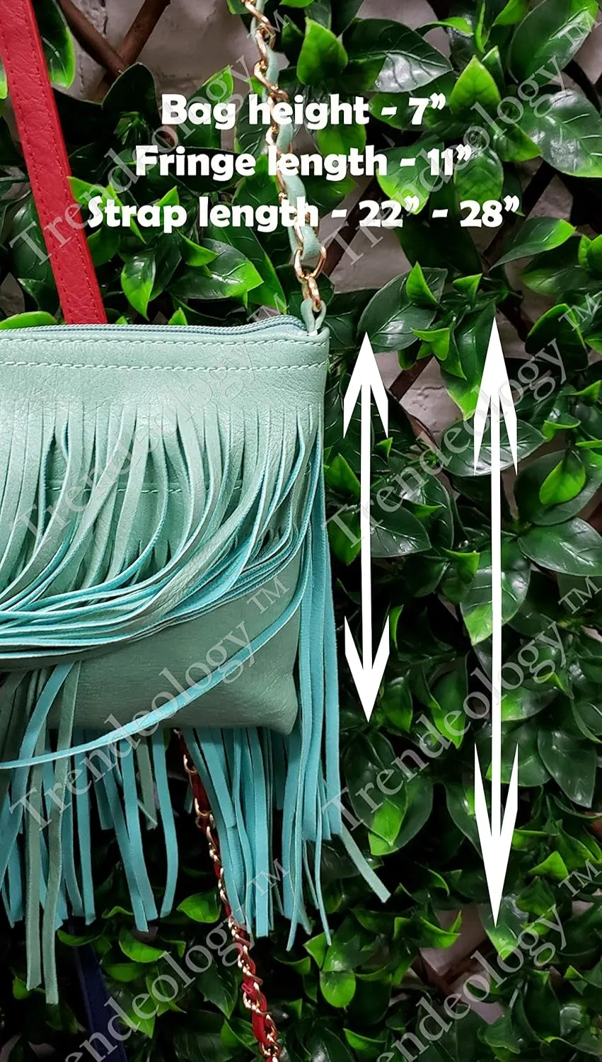 Front and Back Both Side Fringed Soft PU Leather Medium Long Cross Body Messenger Shoulder Bag