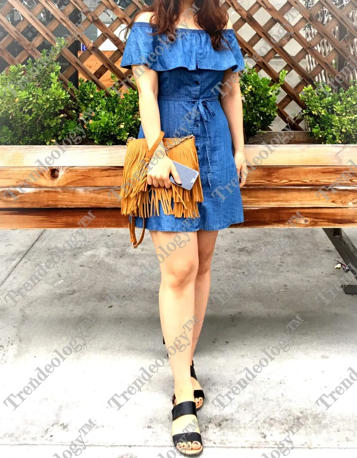 Front and Back Both Side Fringed Soft PU Leather Medium Long Cross Body Messenger Shoulder Bag