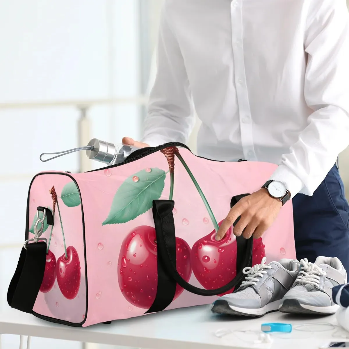 Fruit Cherry Travel Duffel Bag for Women Men Waterproof Foldable Overnight Weekender Bag Large Capacity Sports Gym Bag