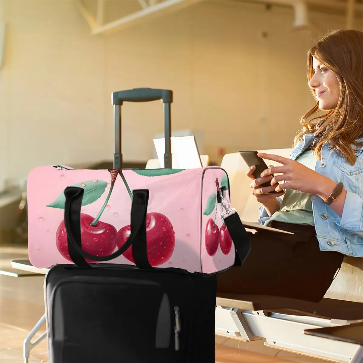 Fruit Cherry Travel Duffel Bag for Women Men Waterproof Foldable Overnight Weekender Bag Large Capacity Sports Gym Bag