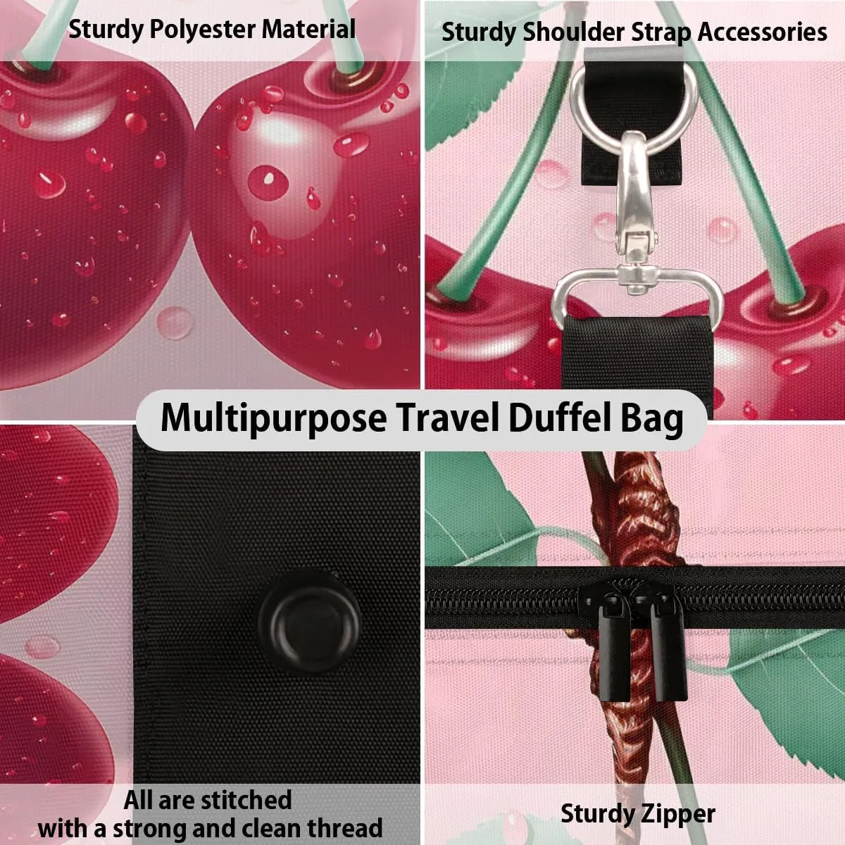 Fruit Cherry Travel Duffel Bag for Women Men Waterproof Foldable Overnight Weekender Bag Large Capacity Sports Gym Bag