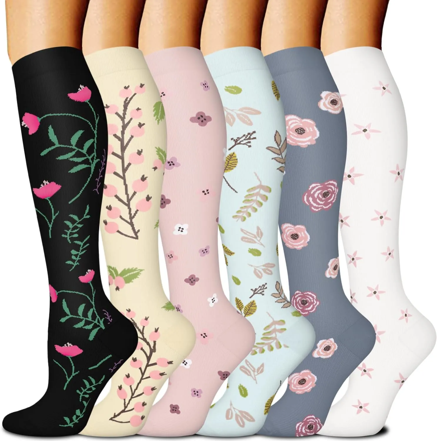 FuelMeFoot 6 Pairs Compression Socks for Women & Men 15-20mmHg Graduated Support Knee High Socks for Nurses, Travel, Athletic