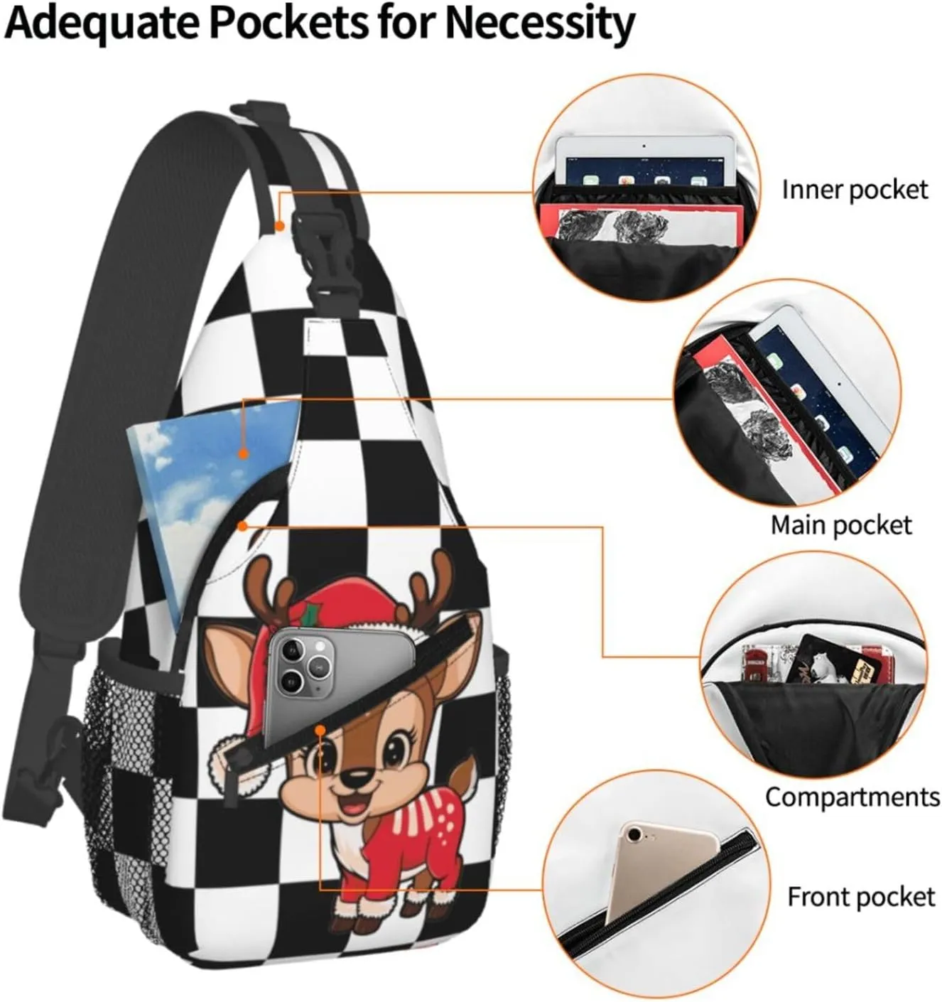 Funny Elk Crossbody Sling Bag Adjustable Holiday Pattern With Christmas Candies Chest Bag Shoulder Bag Backpack