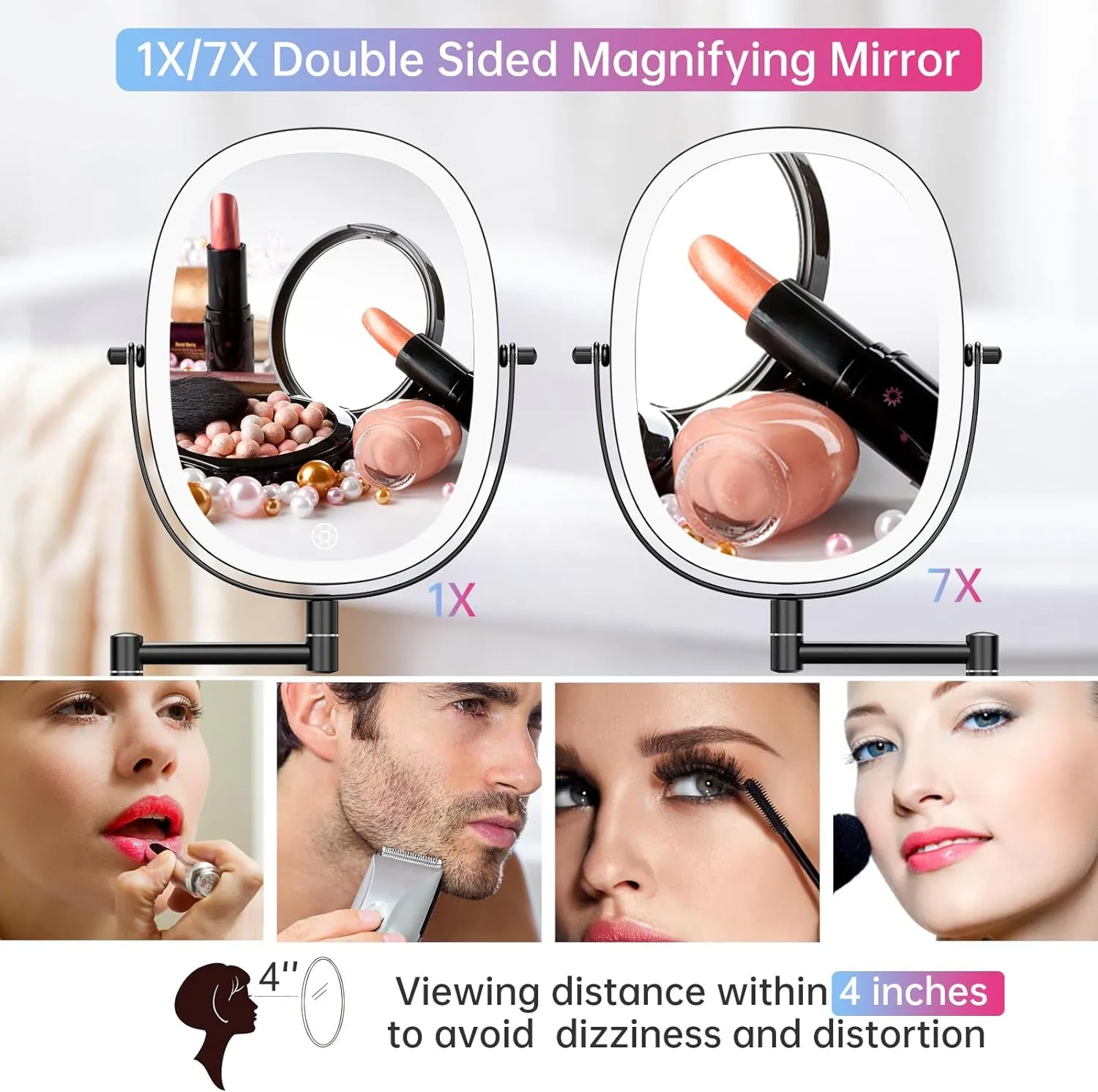 FUNTOUCH Rechargeable Wall Mounted Lighted Makeup Vanity Mirror, Double Sided 1X/7X Magnification, 3 Dimmable Light Settings, Extension Arm, Oval Frame, Ideal for Makeup