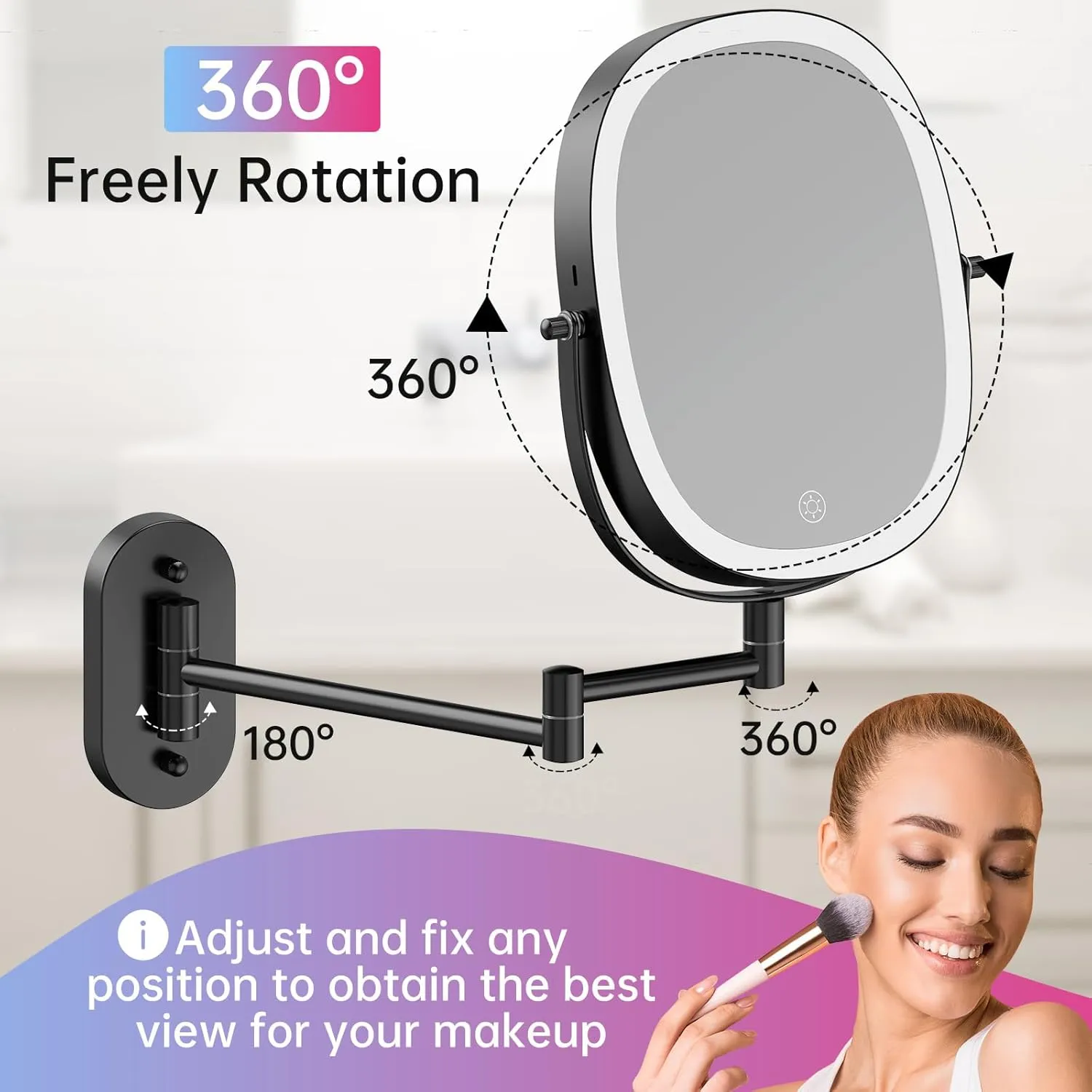 FUNTOUCH Rechargeable Wall Mounted Lighted Makeup Vanity Mirror, Double Sided 1X/7X Magnification, 3 Dimmable Light Settings, Extension Arm, Oval Frame, Ideal for Makeup