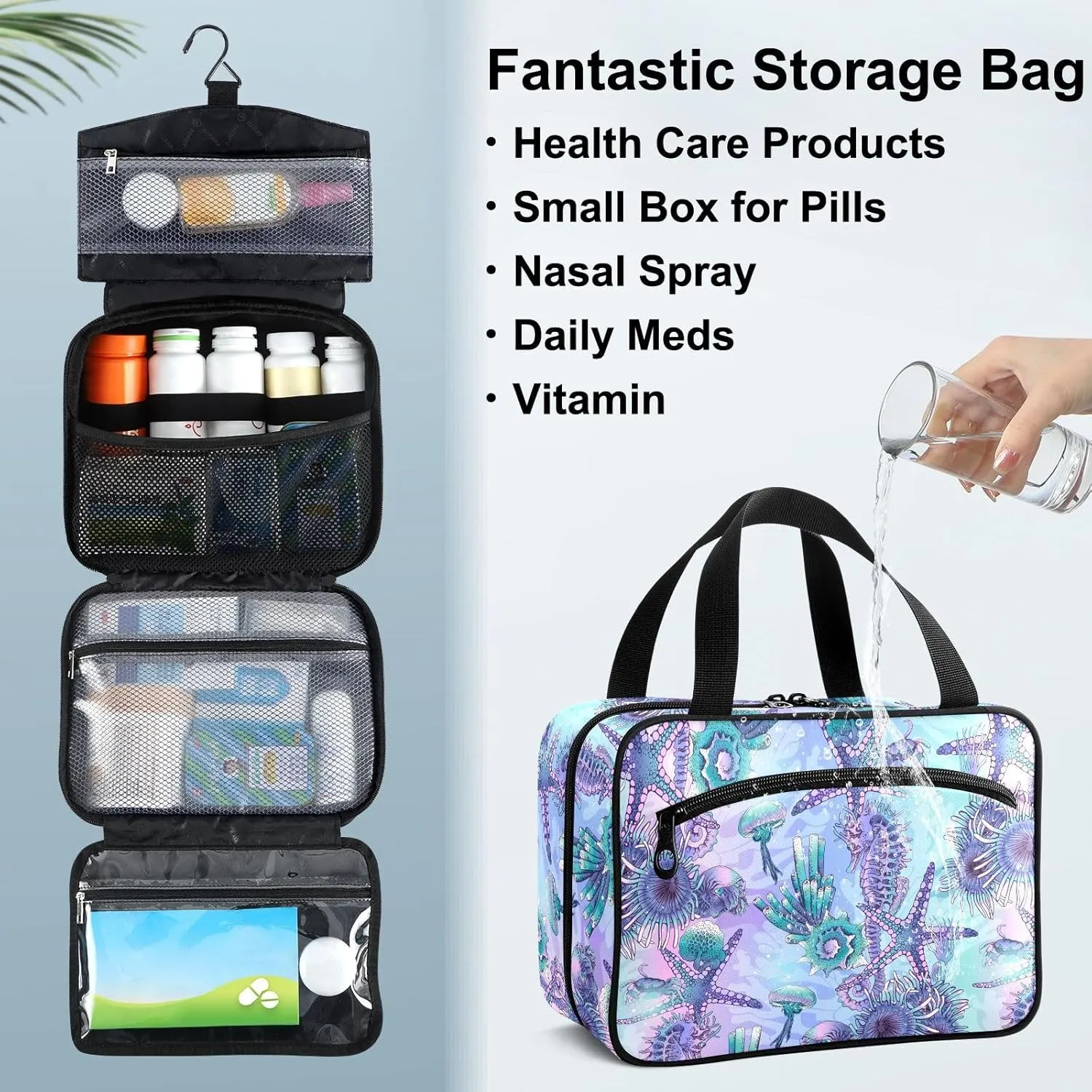 Fustylead Beautiful Seahorse Starfish Anemone Large Medicine Bag Travel Pill Bottle Organizer with Zipper, Empty First Aid Bag for Camping Hiking Outdoors