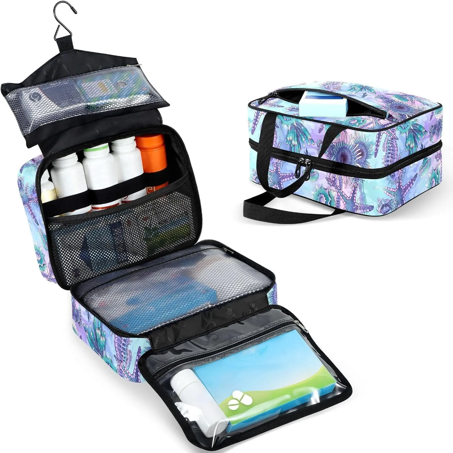 Fustylead Beautiful Seahorse Starfish Anemone Large Medicine Bag Travel Pill Bottle Organizer with Zipper, Empty First Aid Bag for Camping Hiking Outdoors