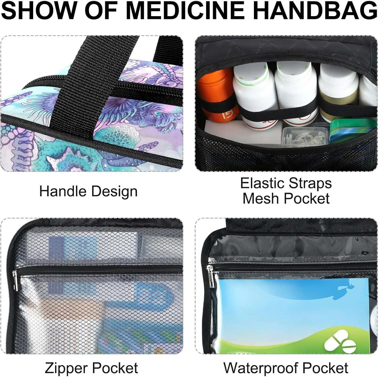 Fustylead Beautiful Seahorse Starfish Anemone Large Medicine Bag Travel Pill Bottle Organizer with Zipper, Empty First Aid Bag for Camping Hiking Outdoors