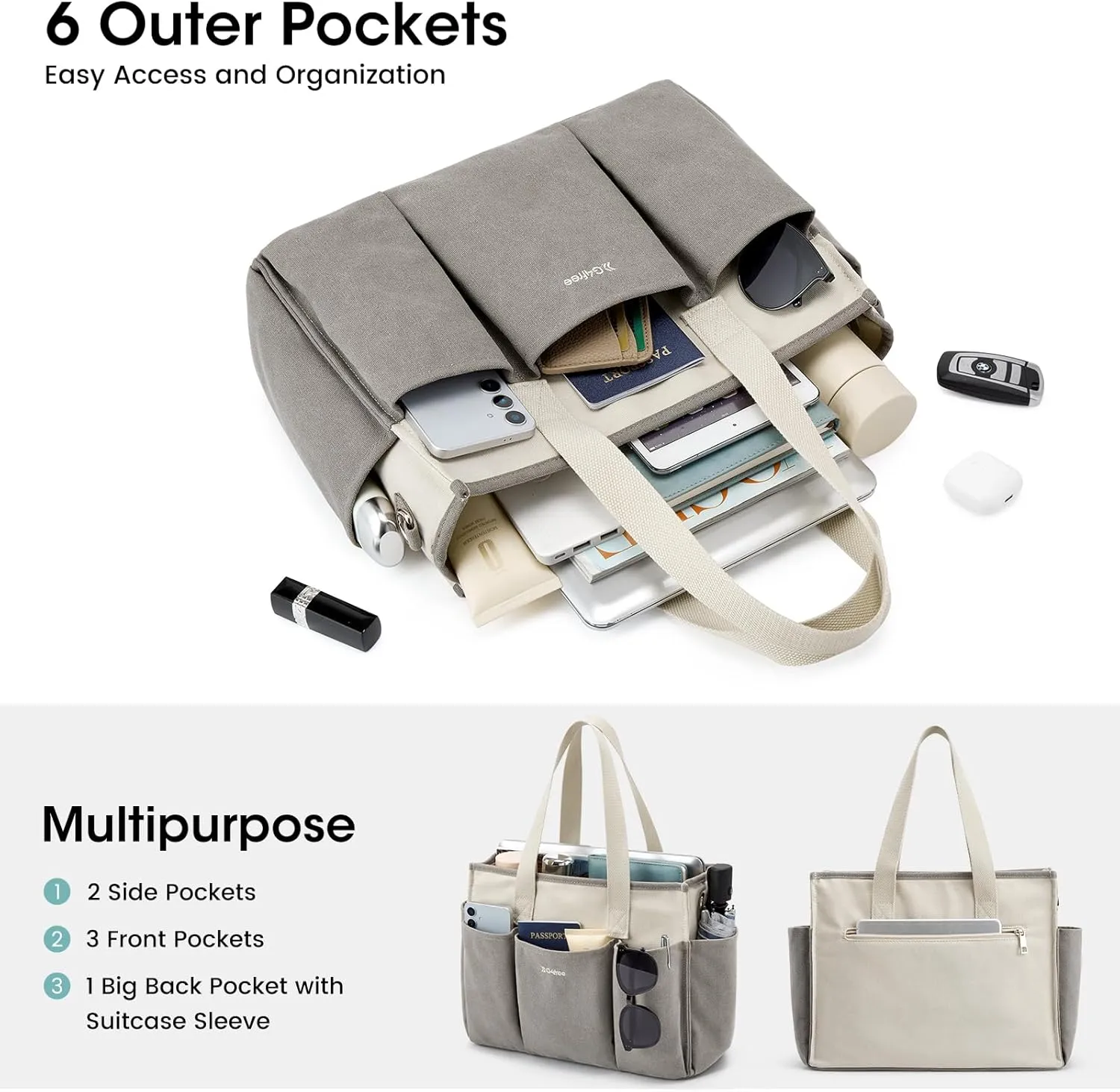 G4Free Canvas Tote Bag for Women with Pockets, Durable Crossbody Work Zipper Bag for Laptop, Bible, Nurse, Teacher, College