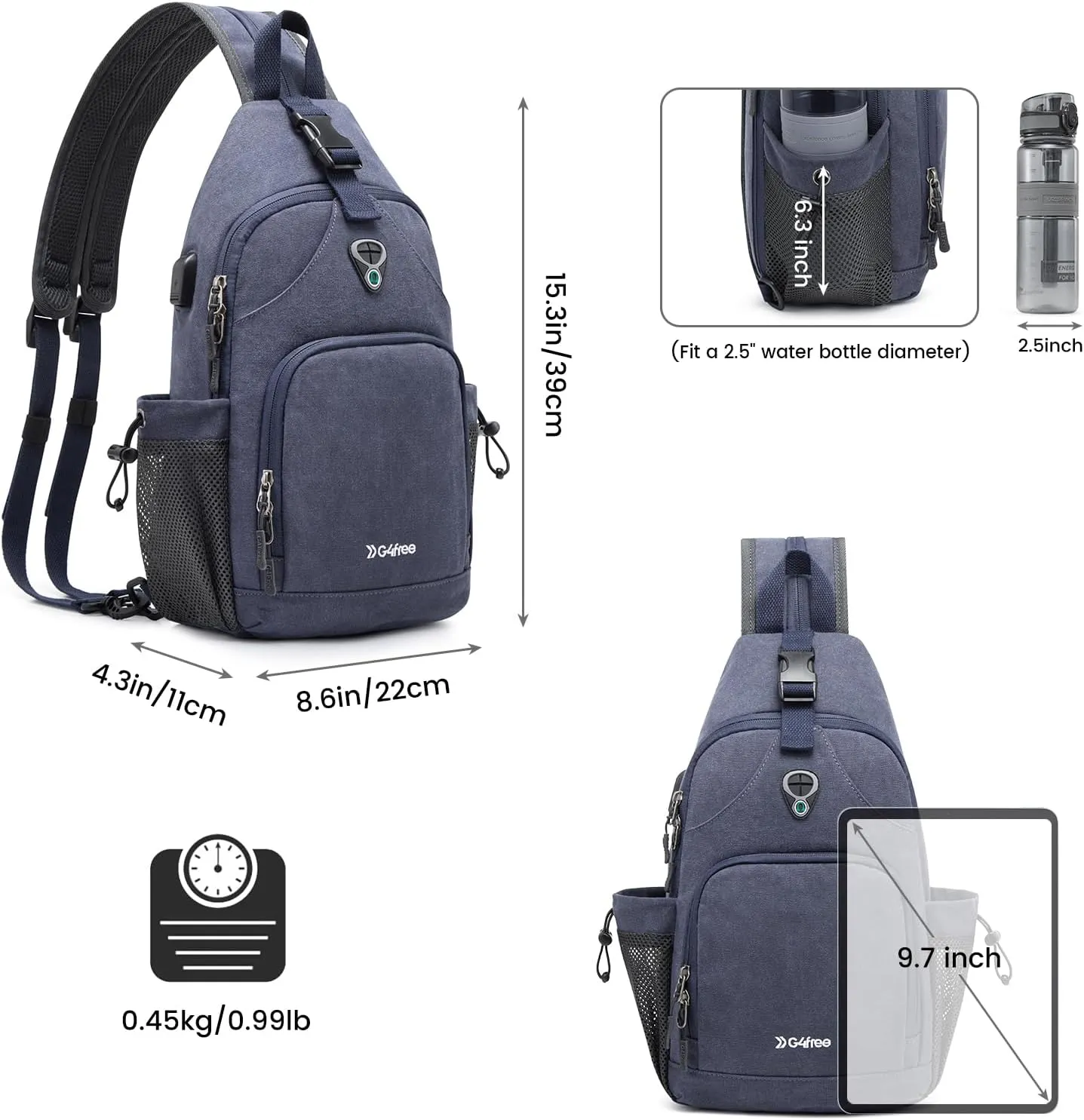 G4Free Sling Bag Canvas Crossbody Backpack with USB Charging Port, Convertible Chest Bag Casual Daypack for Travel Outdoor Cycling Hiking(Dark Blue)