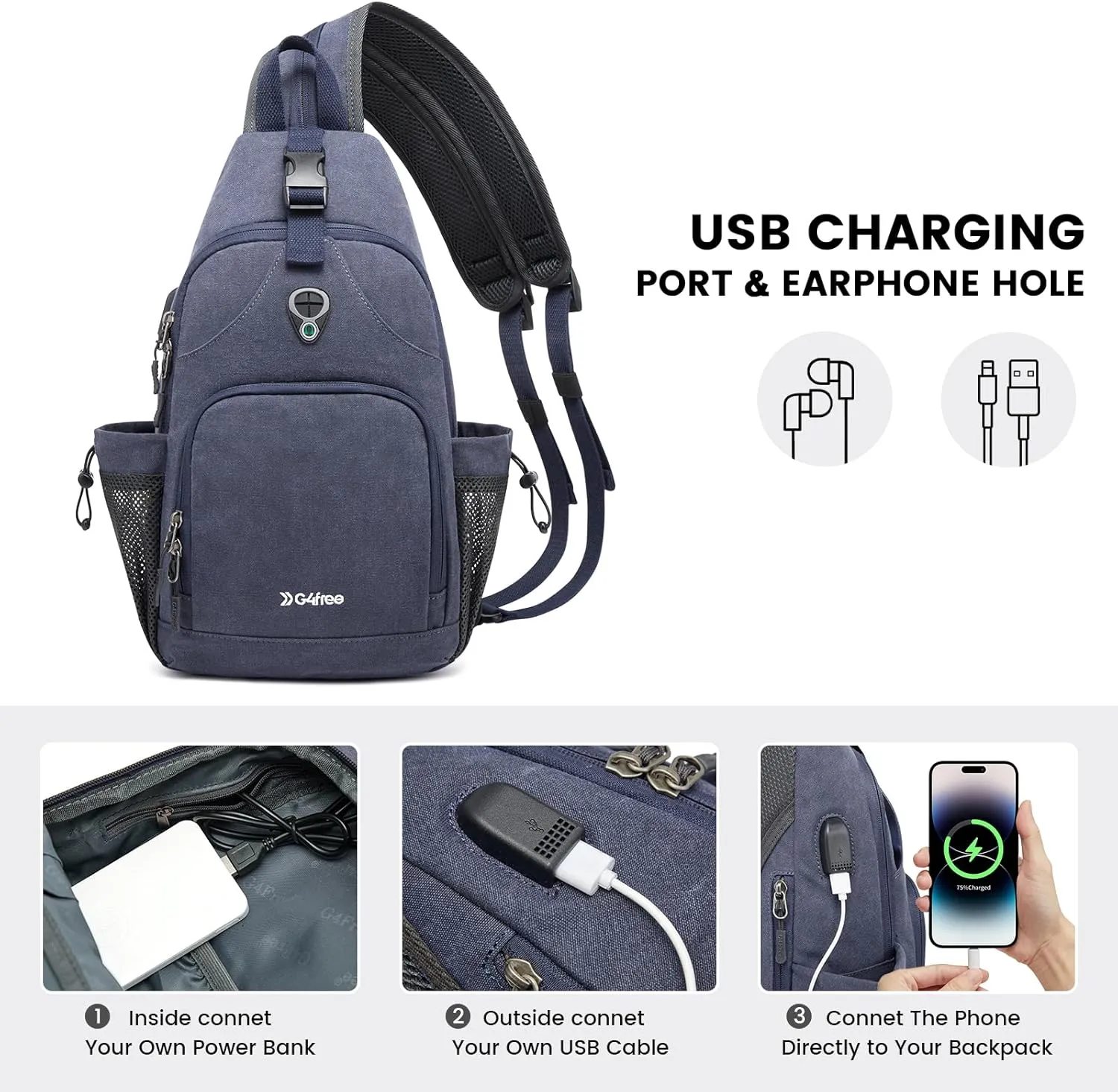 G4Free Sling Bag Canvas Crossbody Backpack with USB Charging Port, Convertible Chest Bag Casual Daypack for Travel Outdoor Cycling Hiking(Dark Blue)