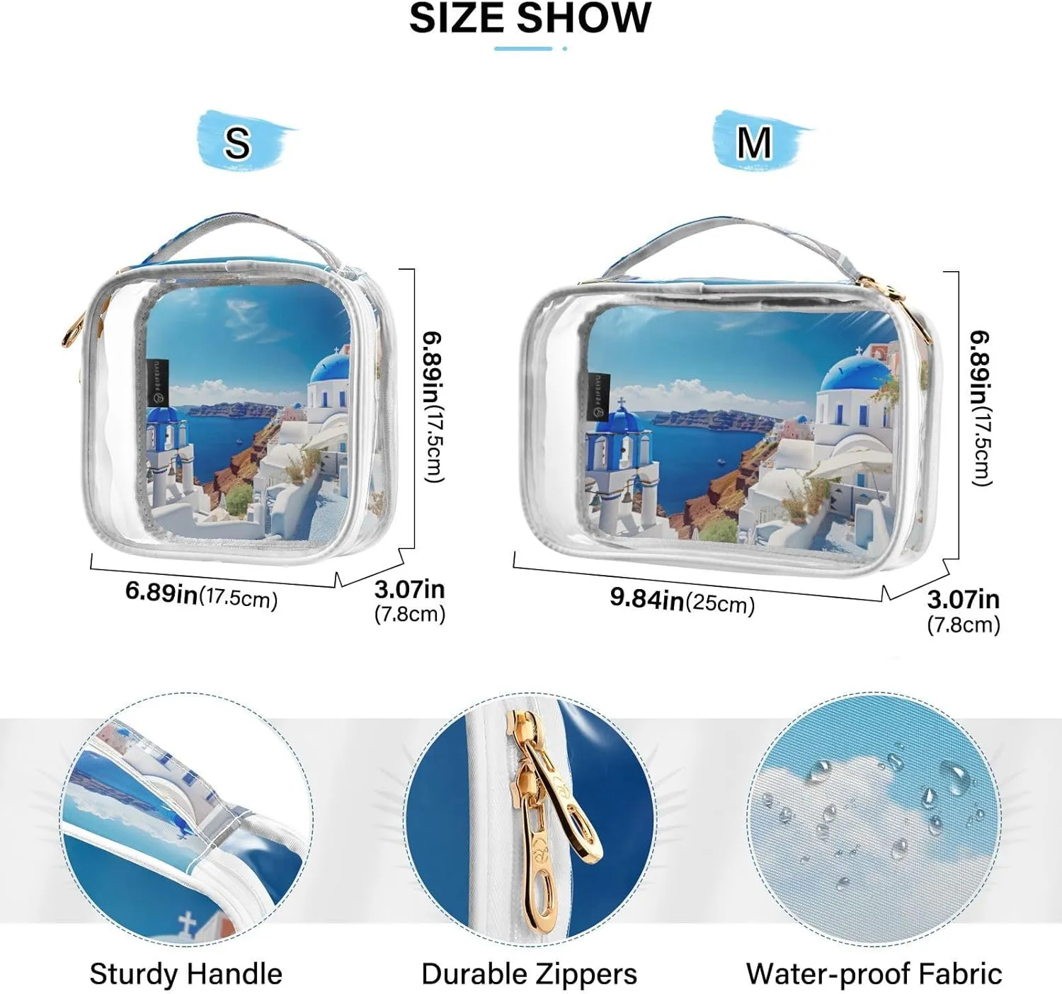 GAIGEO Blue and White House Clear Makeup Bag Set, Travel Essentials Clear Toiletry Bag, Travel Toiletries Bag for Women, 2 Pack