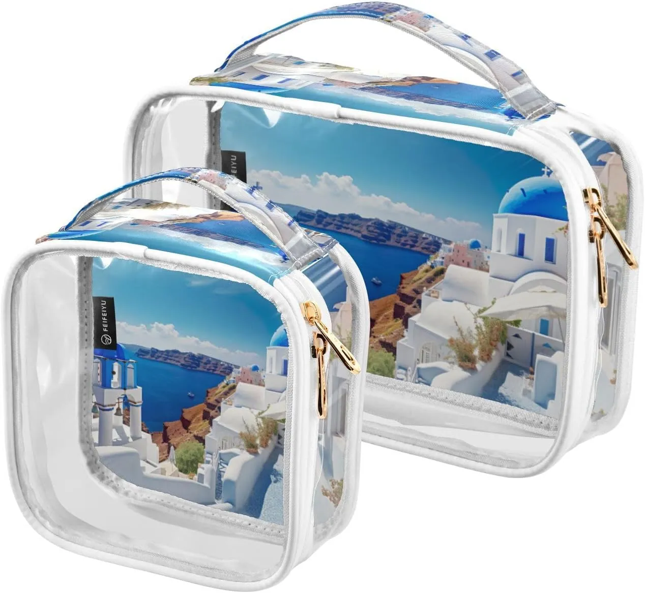 GAIGEO Blue and White House Clear Makeup Bag Set, Travel Essentials Clear Toiletry Bag, Travel Toiletries Bag for Women, 2 Pack