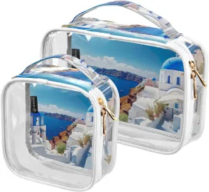 GAIGEO Blue and White House Clear Makeup Bag Set, Travel Essentials Clear Toiletry Bag, Travel Toiletries Bag for Women, 2 Pack