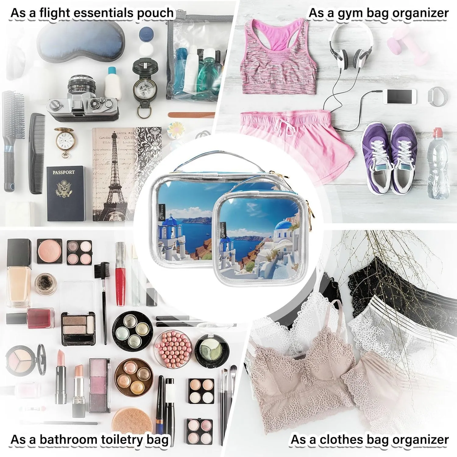 GAIGEO Blue and White House Clear Makeup Bag Set, Travel Essentials Clear Toiletry Bag, Travel Toiletries Bag for Women, 2 Pack