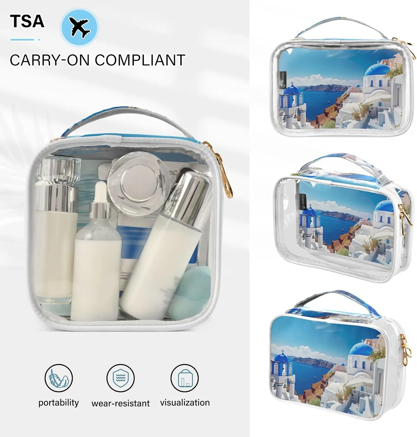 GAIGEO Blue and White House Clear Makeup Bag Set, Travel Essentials Clear Toiletry Bag, Travel Toiletries Bag for Women, 2 Pack