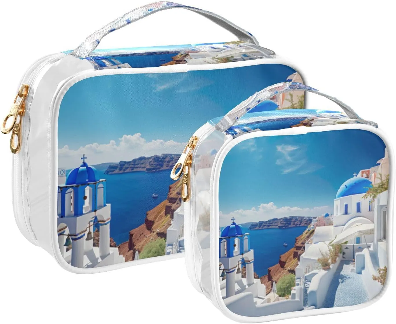 GAIGEO Blue and White House Clear Makeup Bag Set, Travel Essentials Clear Toiletry Bag, Travel Toiletries Bag for Women, 2 Pack