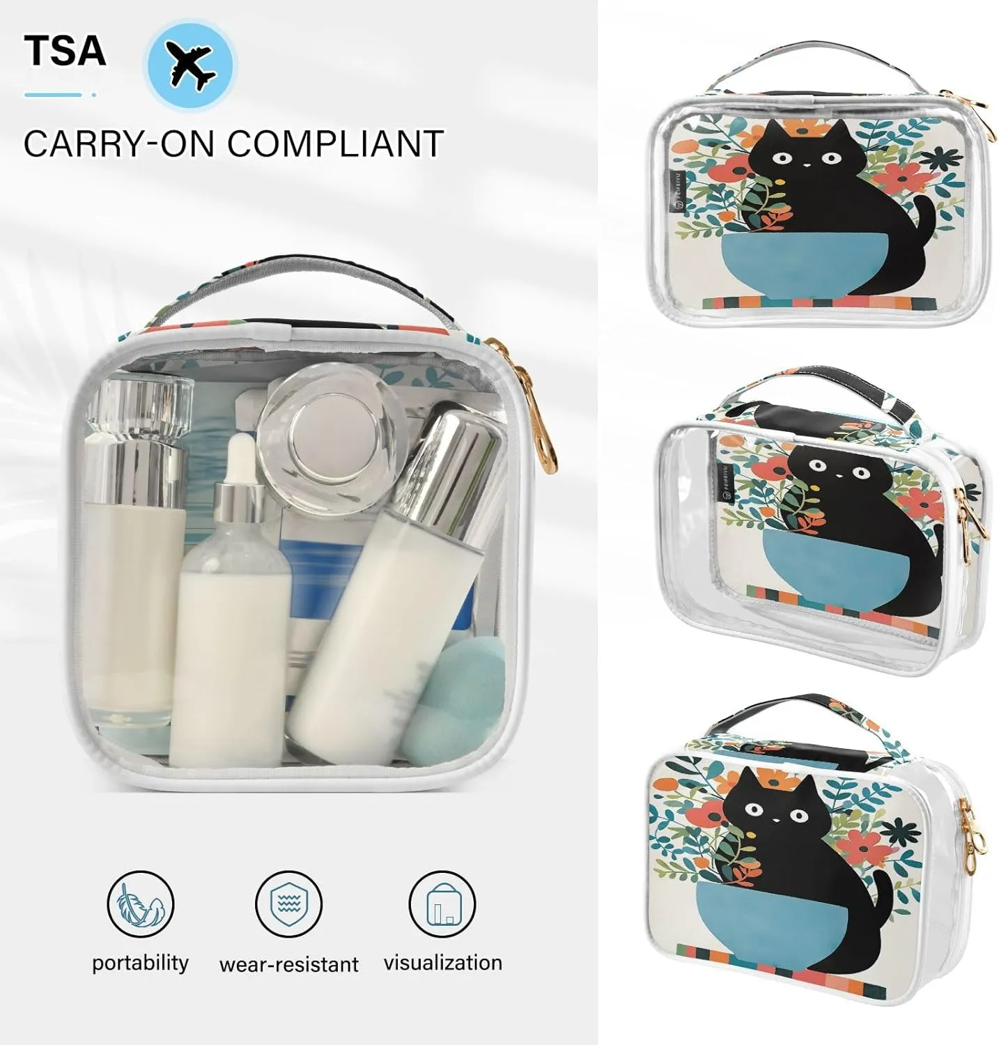GAIGEO Blue Shape Vase Decorative Cat Travel Transparent Bag, Zippered Cosmetic Bag, Travel Accessories Bags, 2 Pack