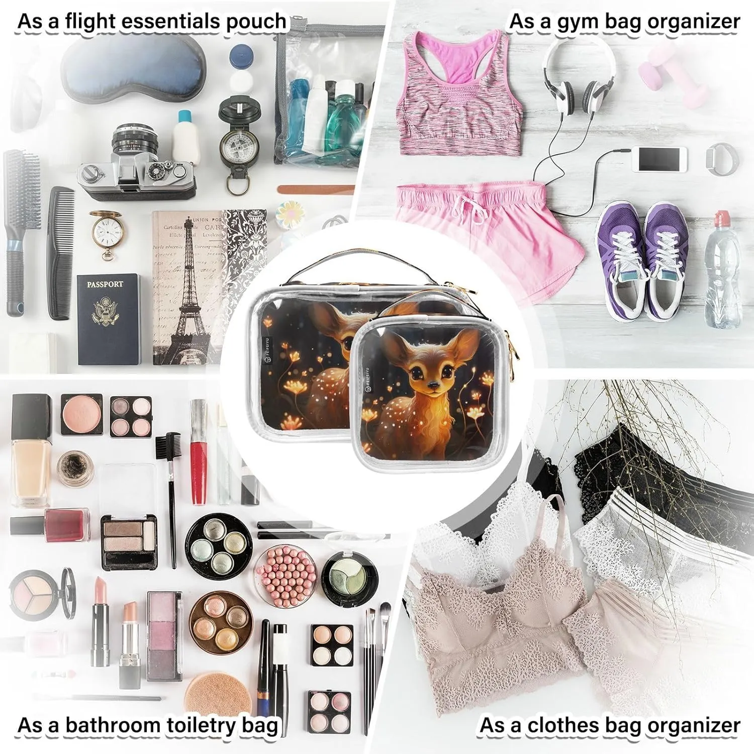 GAIGEO Deer Standing by a Glowing Light 2 Pack Clear Makeup Bag Set, Clear Makeup Storage Bags, Beauty Toiletry Bag