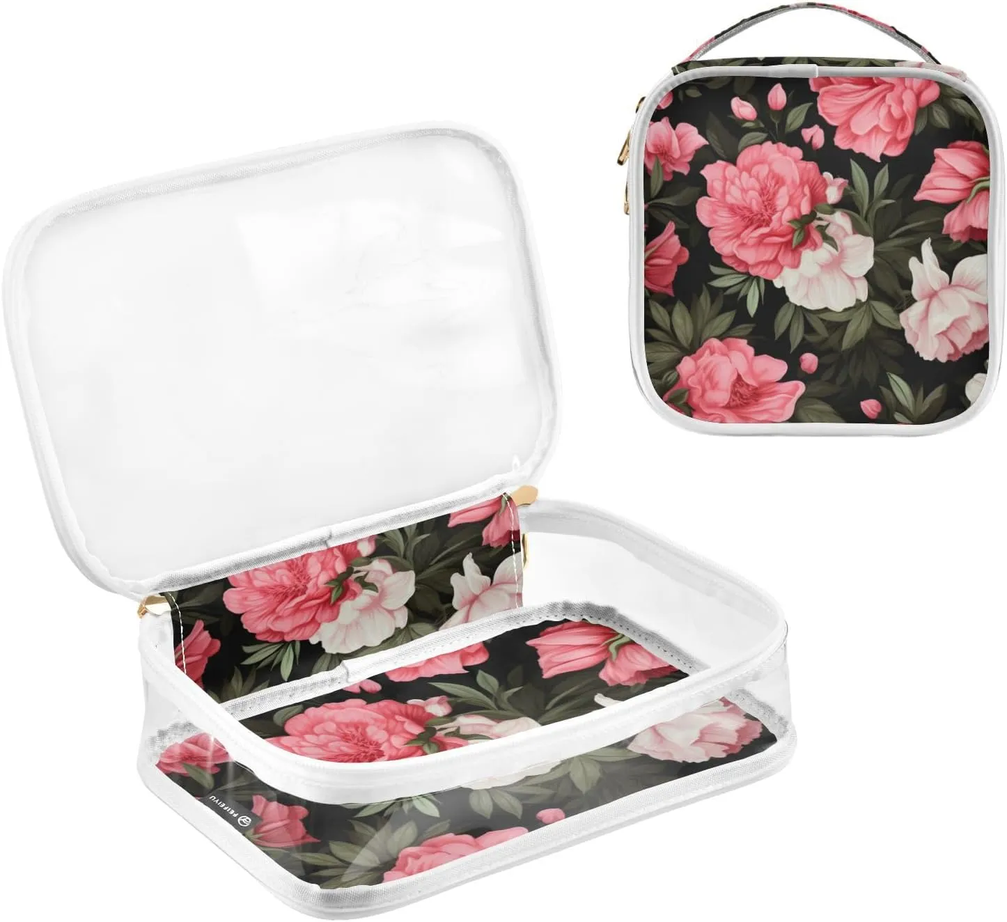 GAIGEO Floral with Pink Flowers on Black Portable Travel Toiletry Bag, Toiletry Bag for Travel, Clear Toiletry Bags for Traveling Women, 2 Pack