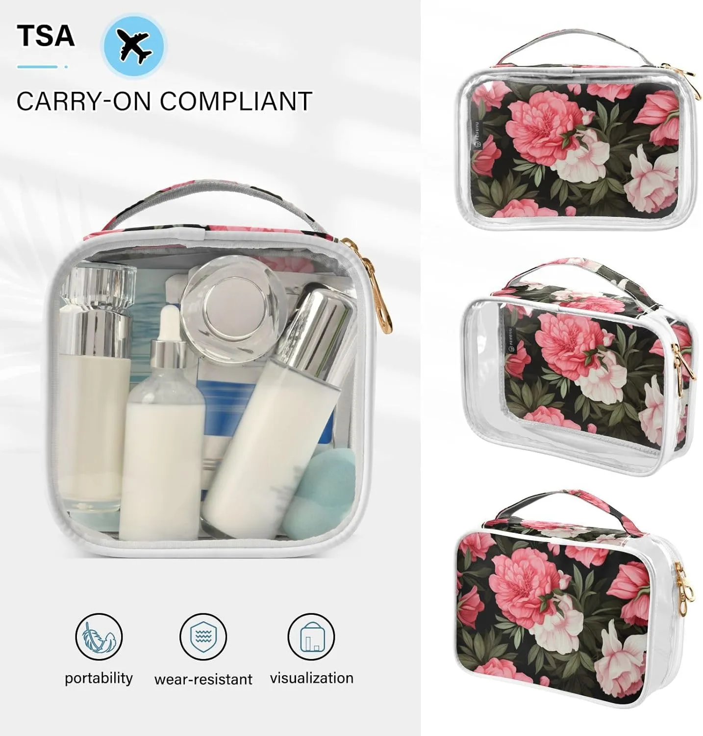 GAIGEO Floral with Pink Flowers on Black Portable Travel Toiletry Bag, Toiletry Bag for Travel, Clear Toiletry Bags for Traveling Women, 2 Pack