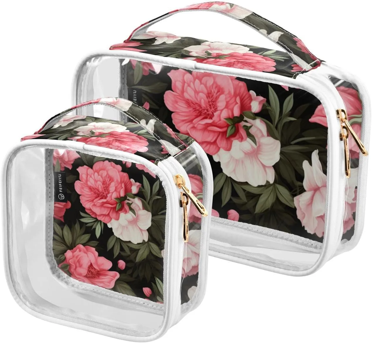 GAIGEO Floral with Pink Flowers on Black Portable Travel Toiletry Bag, Toiletry Bag for Travel, Clear Toiletry Bags for Traveling Women, 2 Pack