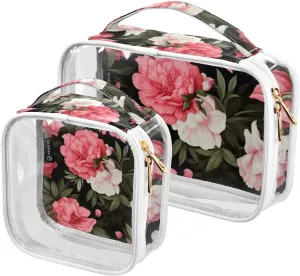 GAIGEO Floral with Pink Flowers on Black Portable Travel Toiletry Bag, Toiletry Bag for Travel, Clear Toiletry Bags for Traveling Women, 2 Pack