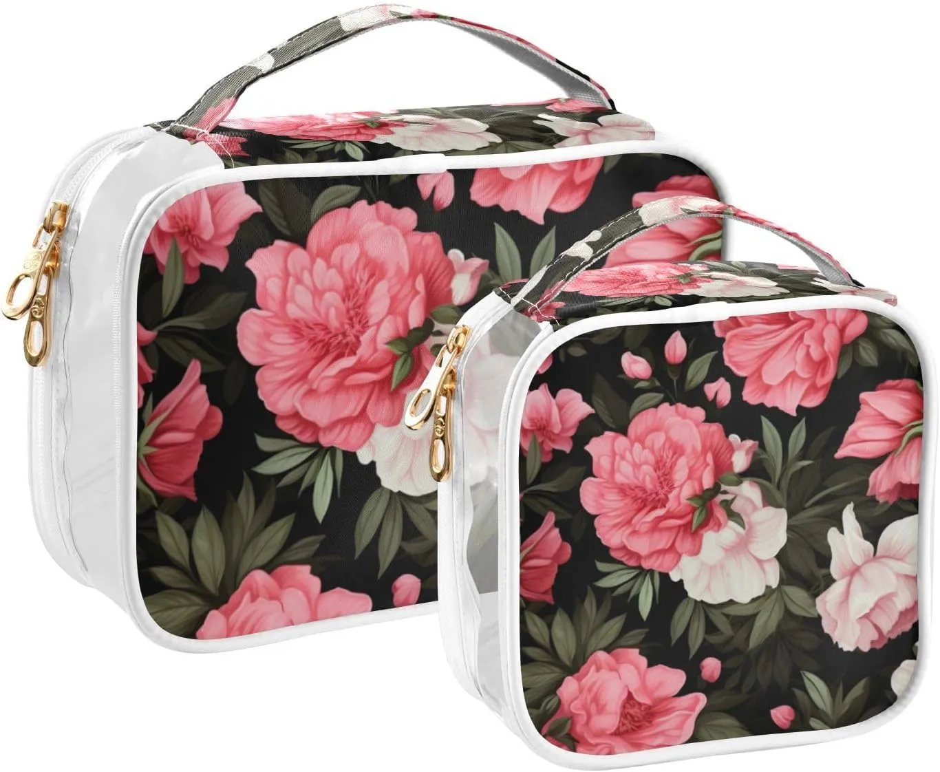 GAIGEO Floral with Pink Flowers on Black Portable Travel Toiletry Bag, Toiletry Bag for Travel, Clear Toiletry Bags for Traveling Women, 2 Pack