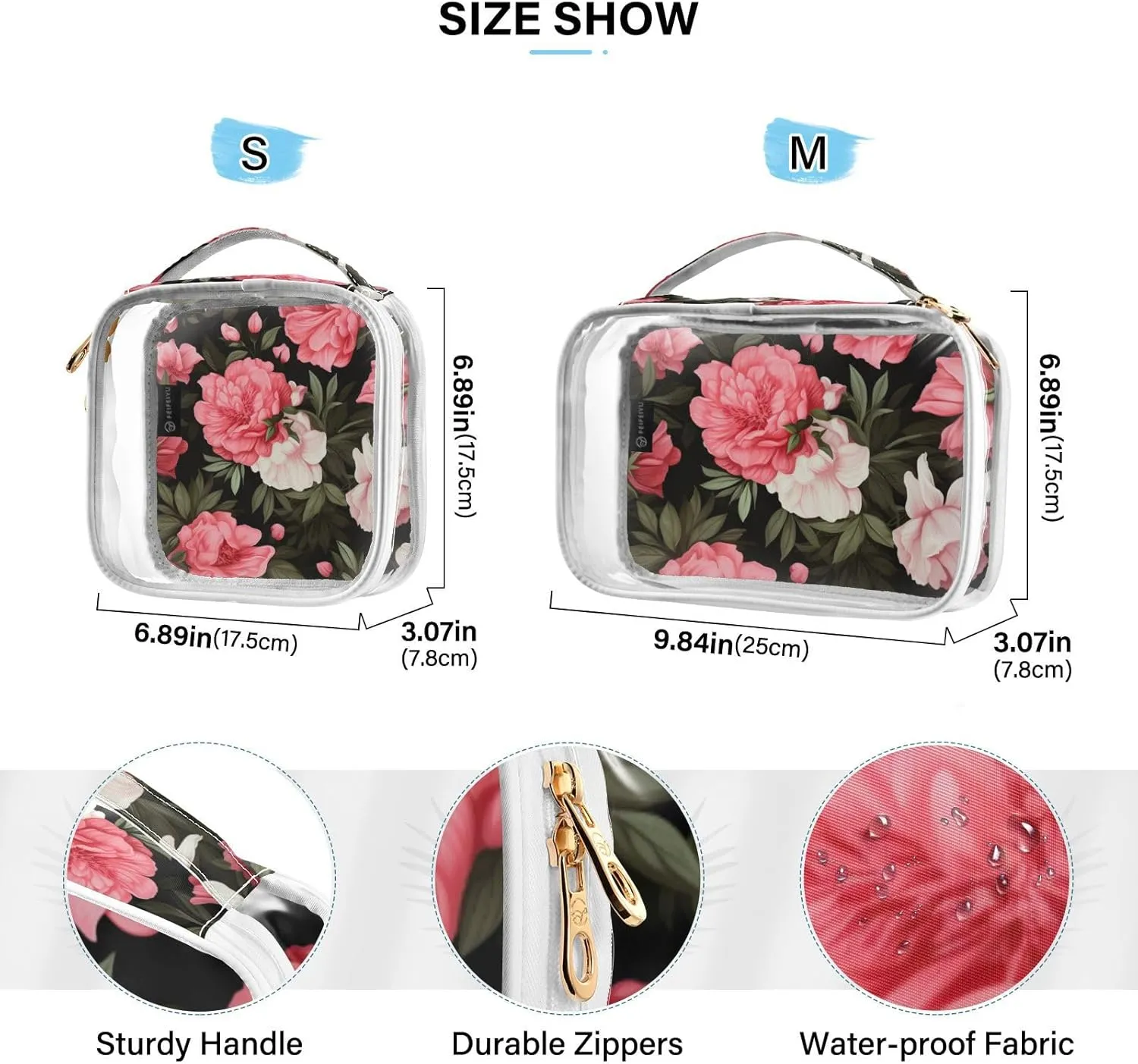 GAIGEO Floral with Pink Flowers on Black Portable Travel Toiletry Bag, Toiletry Bag for Travel, Clear Toiletry Bags for Traveling Women, 2 Pack