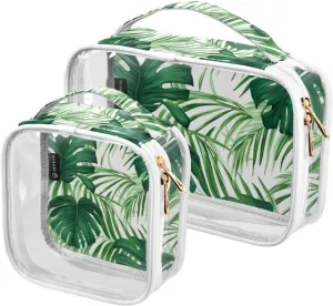 GAIGEO Green Monstera Tropical Palm Leaves Clear Toiletry Bag Set, Clear Makeup Bag with Handle, Men Toiletry Bag Clear, 2 Pack