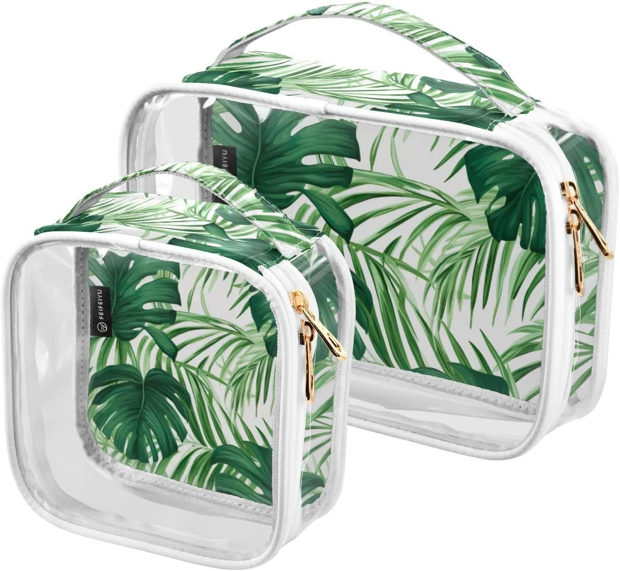 GAIGEO Green Monstera Tropical Palm Leaves Clear Toiletry Bag Set, Clear Makeup Bag with Handle, Men Toiletry Bag Clear, 2 Pack