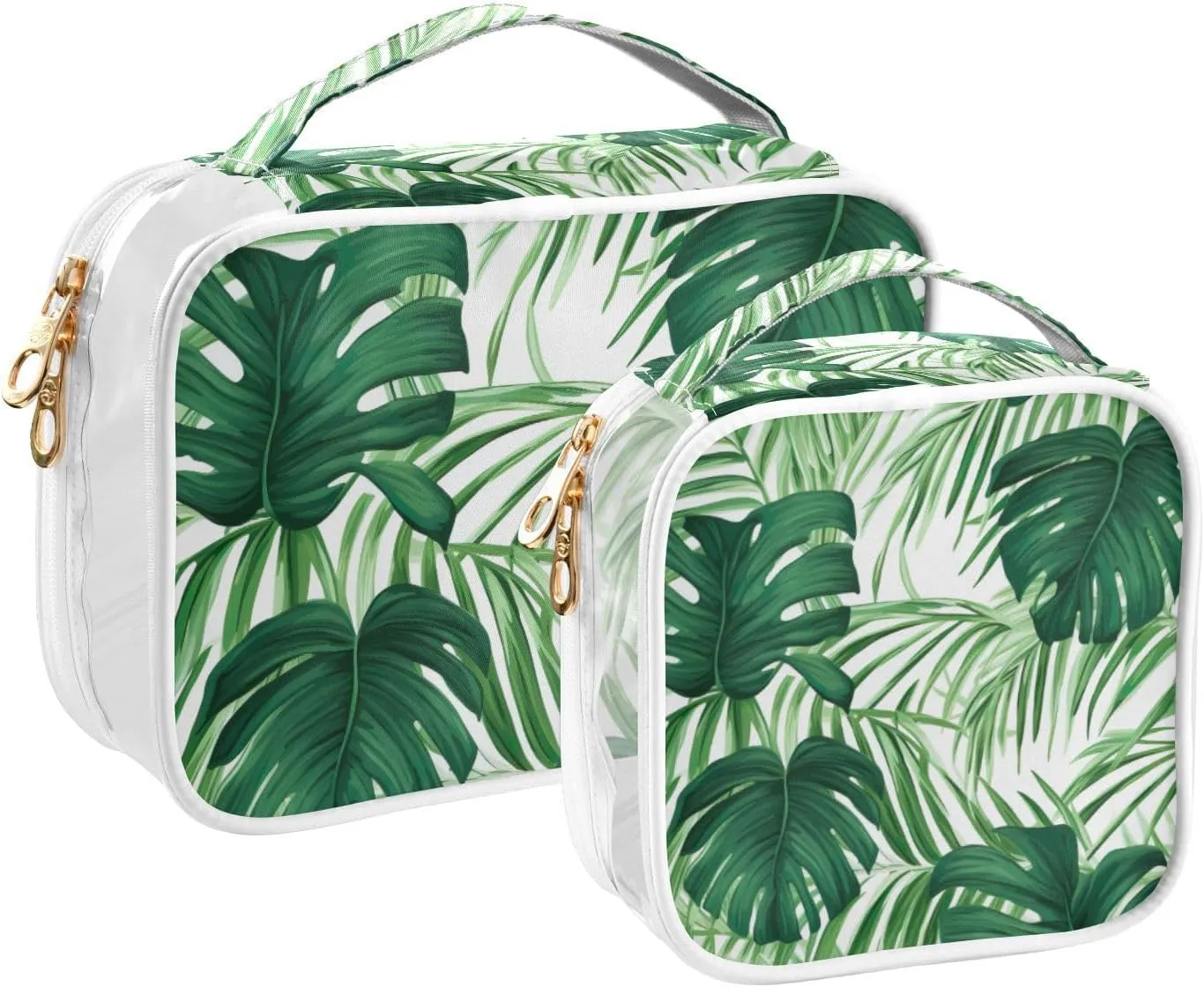 GAIGEO Green Monstera Tropical Palm Leaves Clear Toiletry Bag Set, Clear Makeup Bag with Handle, Men Toiletry Bag Clear, 2 Pack