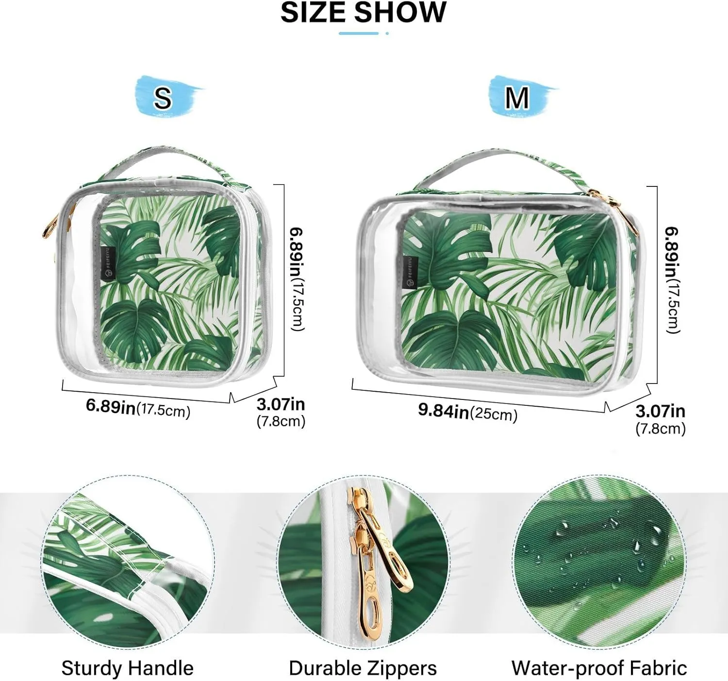 GAIGEO Green Monstera Tropical Palm Leaves Clear Toiletry Bag Set, Clear Makeup Bag with Handle, Men Toiletry Bag Clear, 2 Pack