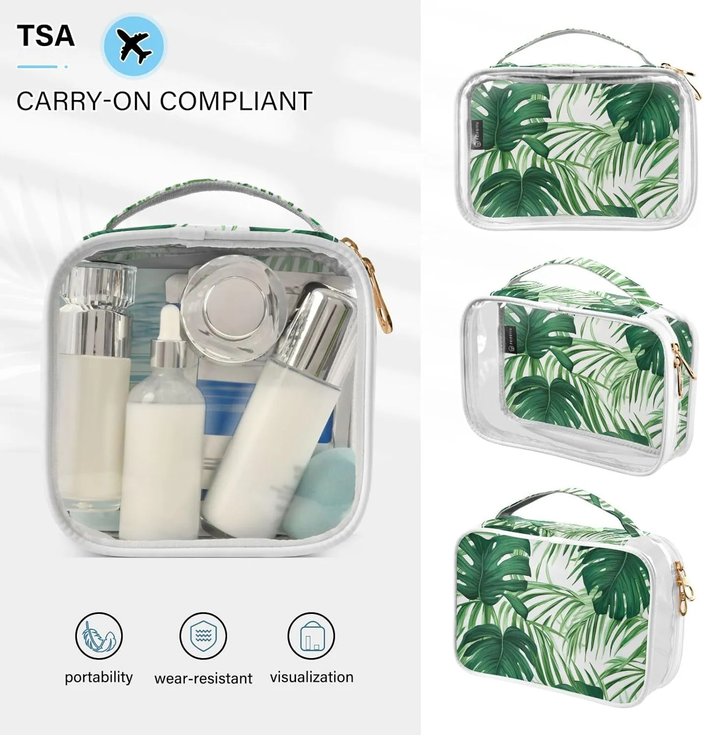 GAIGEO Green Monstera Tropical Palm Leaves Clear Toiletry Bag Set, Clear Makeup Bag with Handle, Men Toiletry Bag Clear, 2 Pack