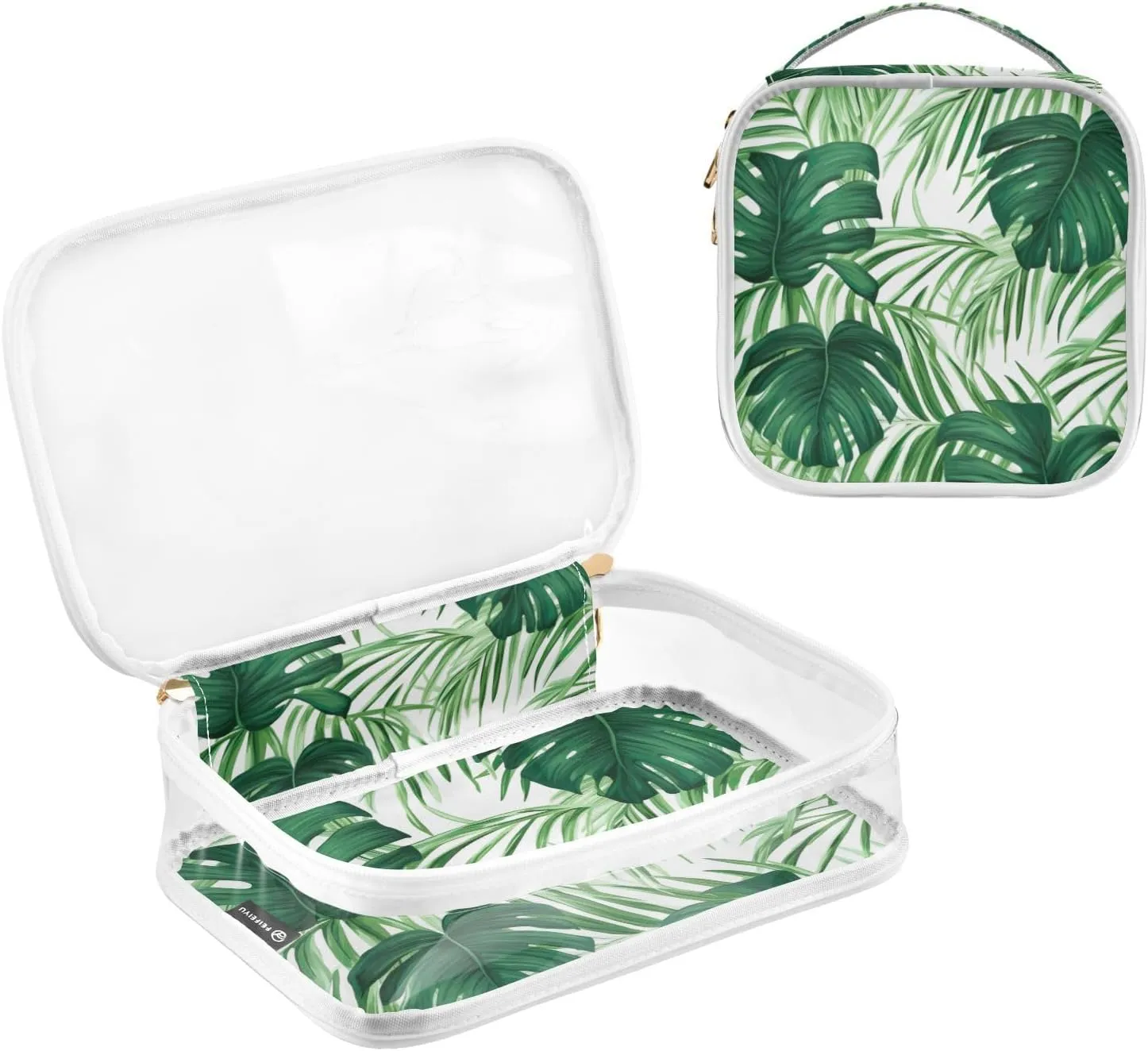 GAIGEO Green Monstera Tropical Palm Leaves Clear Toiletry Bag Set, Clear Makeup Bag with Handle, Men Toiletry Bag Clear, 2 Pack