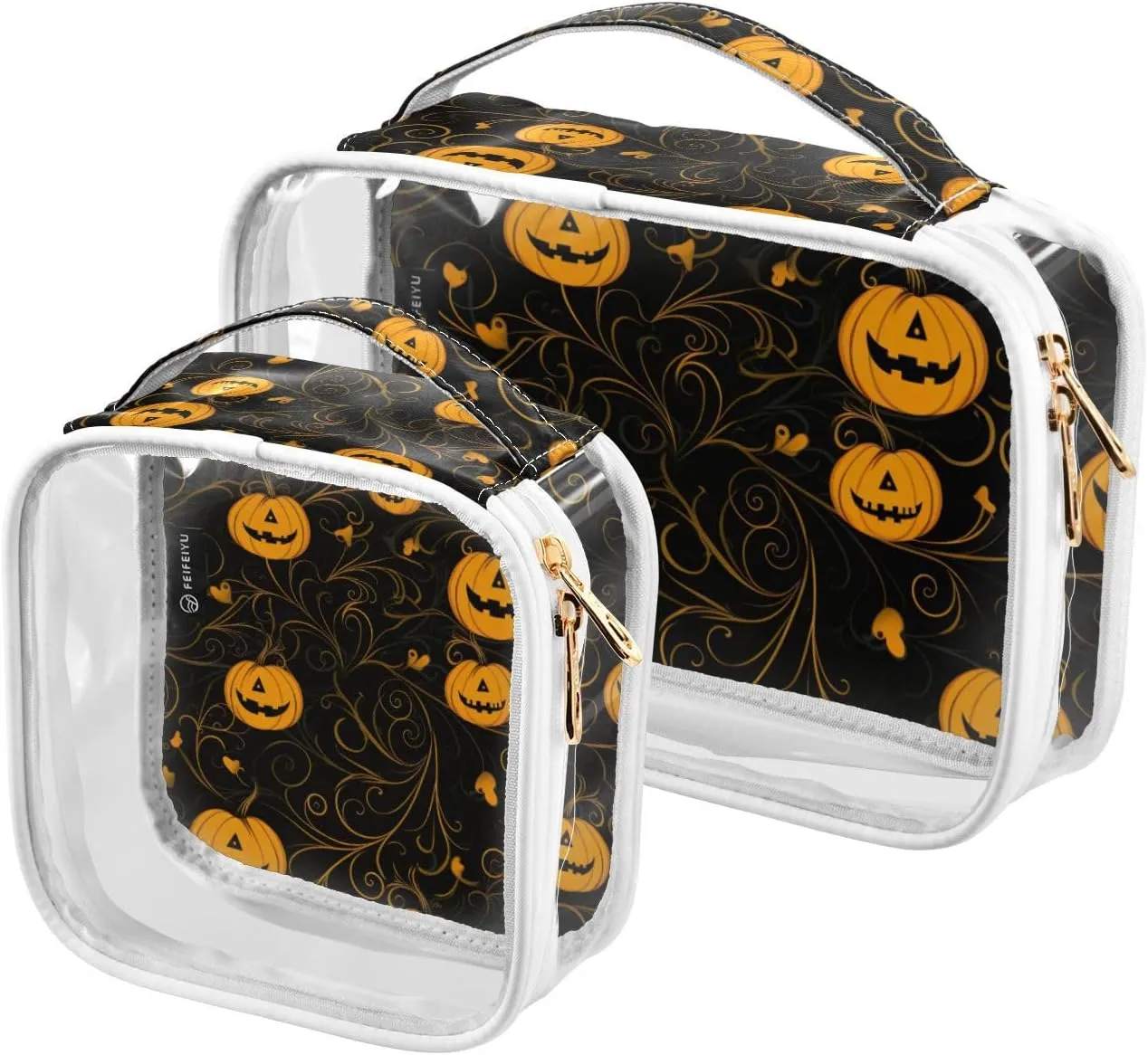 GAIGEO Halloween Pumpkin On Black Clear Plastic Travel Bags for Toiletries, Clear Zipper Bags for Travel, Men Toiletry Bag Clear, 2 Pack