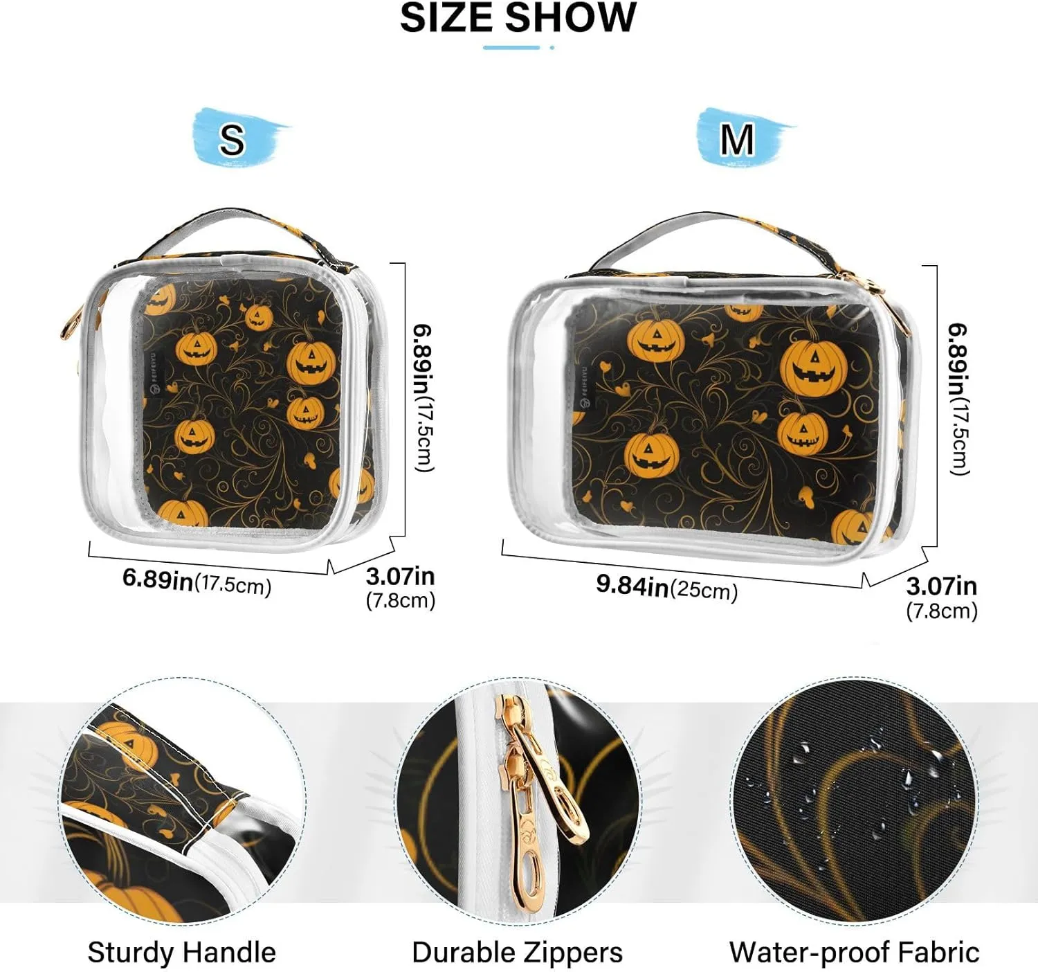 GAIGEO Halloween Pumpkin On Black Clear Plastic Travel Bags for Toiletries, Clear Zipper Bags for Travel, Men Toiletry Bag Clear, 2 Pack