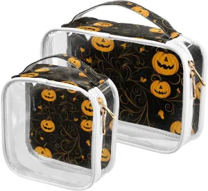 GAIGEO Halloween Pumpkin On Black Clear Plastic Travel Bags for Toiletries, Clear Zipper Bags for Travel, Men Toiletry Bag Clear, 2 Pack