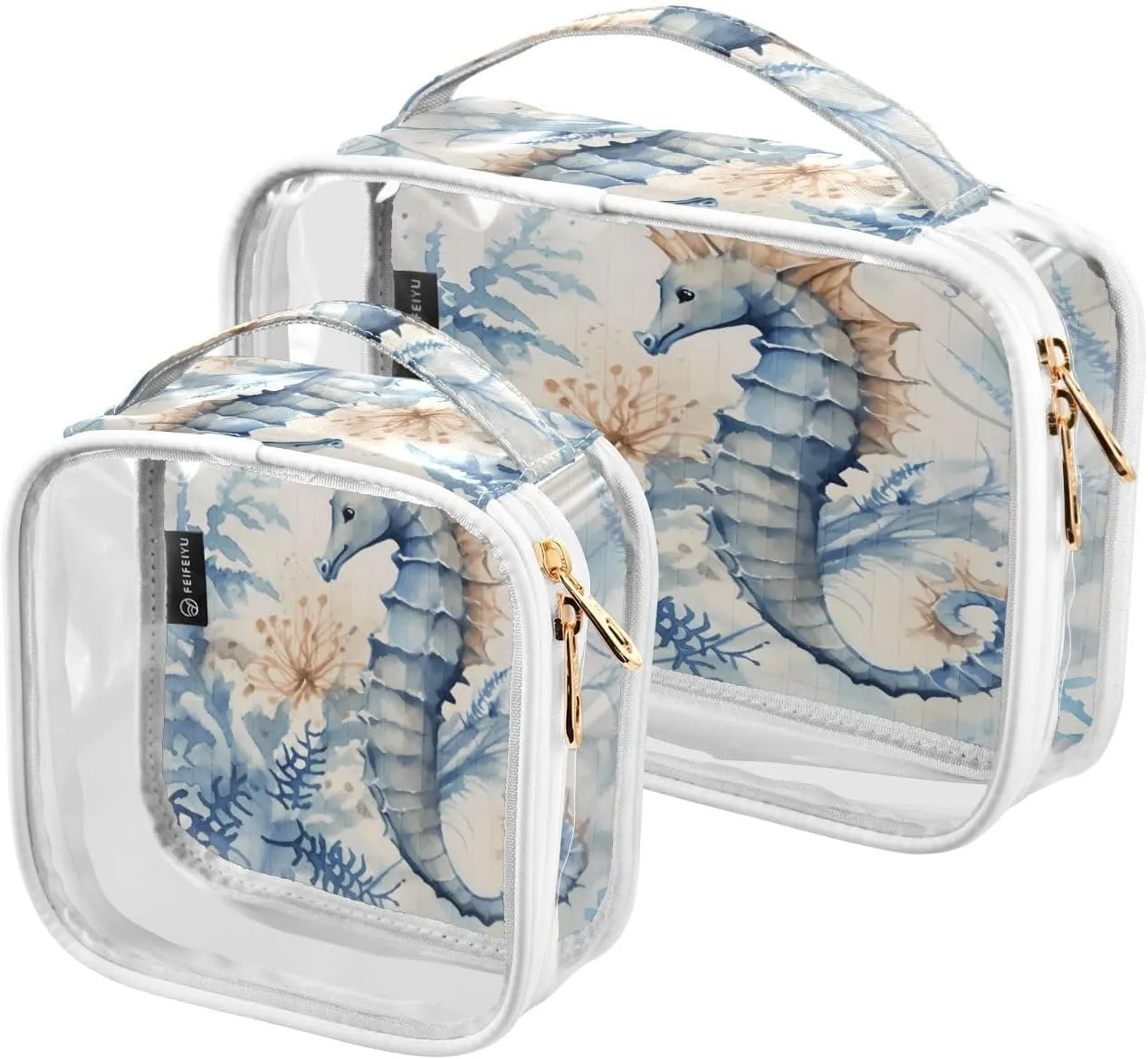 GAIGEO Marine Life Seahorse Seaweed 2 Pack Clear Cosmetic Bag Set, Tsa Approved Makeup Bag, Storage Bag for Travel