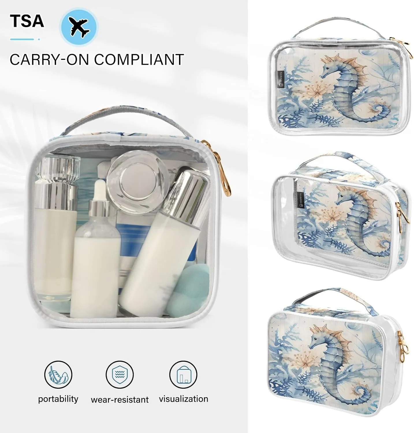 GAIGEO Marine Life Seahorse Seaweed 2 Pack Clear Cosmetic Bag Set, Tsa Approved Makeup Bag, Storage Bag for Travel