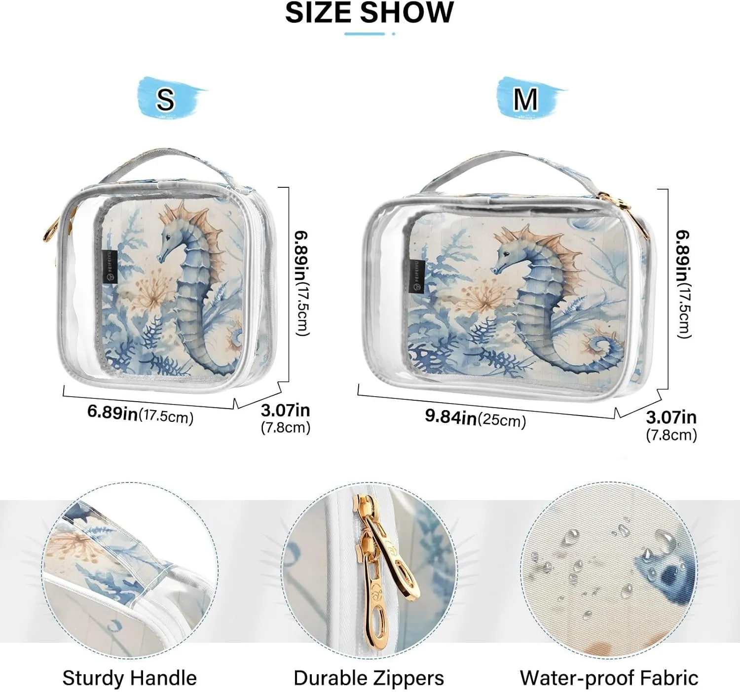 GAIGEO Marine Life Seahorse Seaweed 2 Pack Clear Cosmetic Bag Set, Tsa Approved Makeup Bag, Storage Bag for Travel