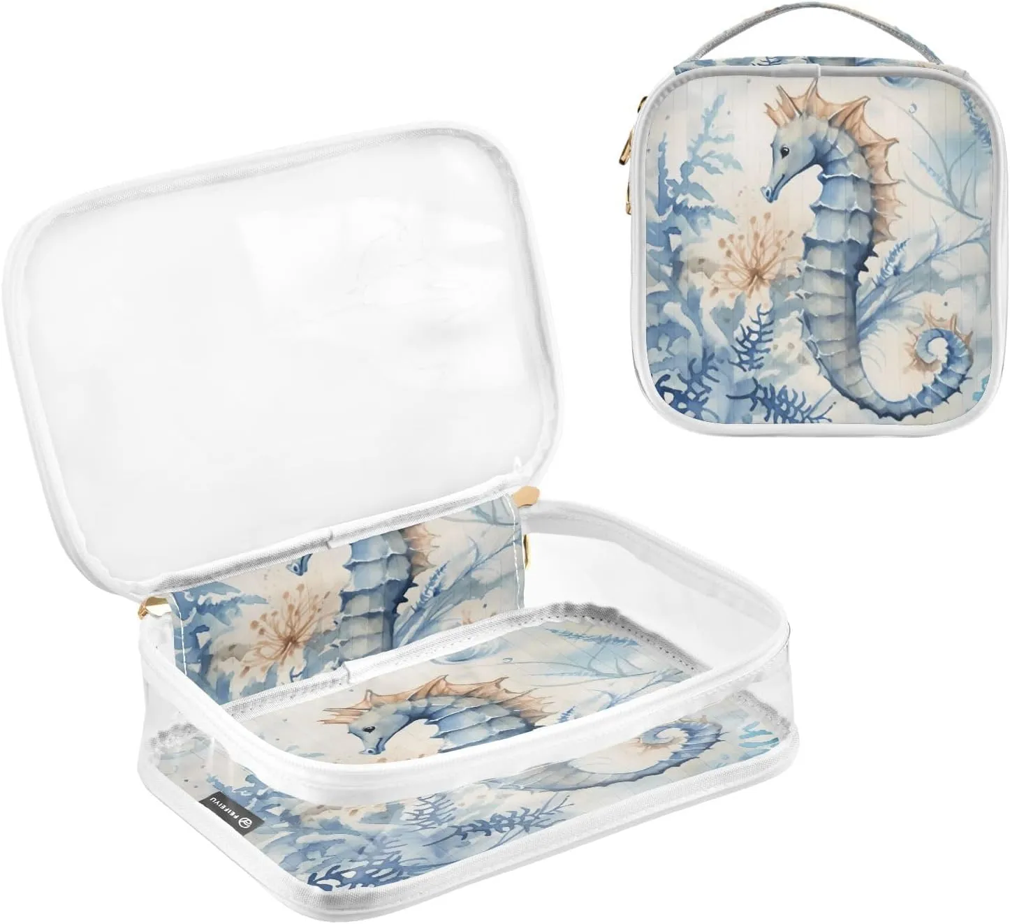 GAIGEO Marine Life Seahorse Seaweed 2 Pack Clear Cosmetic Bag Set, Tsa Approved Makeup Bag, Storage Bag for Travel