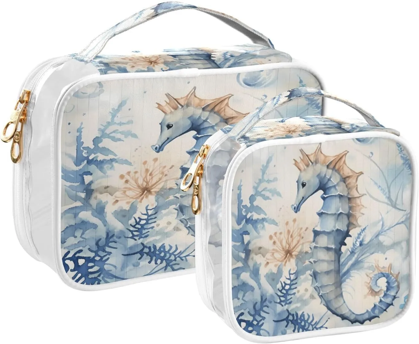 GAIGEO Marine Life Seahorse Seaweed 2 Pack Clear Cosmetic Bag Set, Tsa Approved Makeup Bag, Storage Bag for Travel