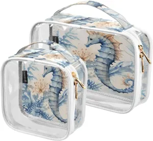GAIGEO Marine Life Seahorse Seaweed 2 Pack Clear Cosmetic Bag Set, Tsa Approved Makeup Bag, Storage Bag for Travel