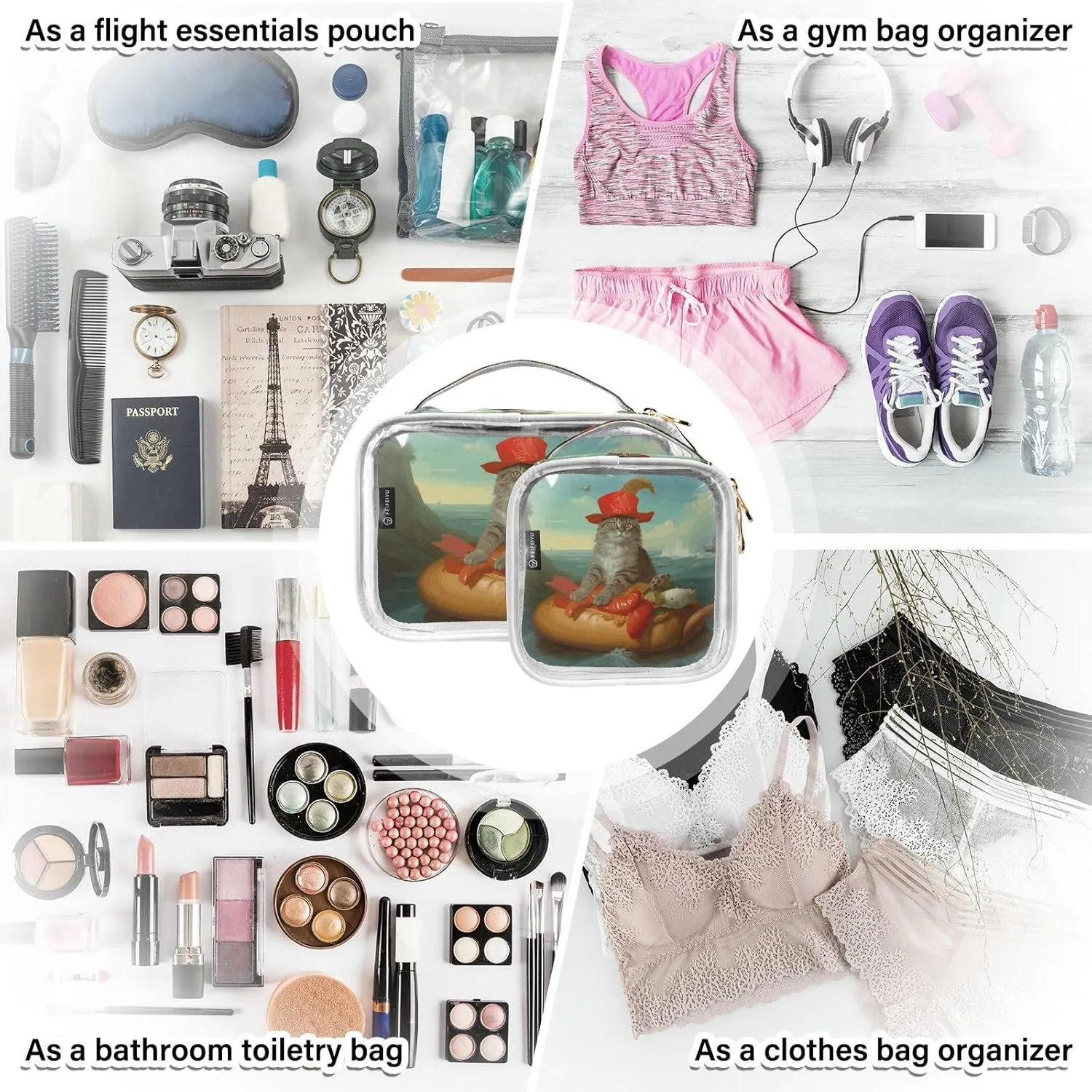 GAIGEO Navigator Cat Vintage Oil Painting Clear Makeup Bag Set, 2 Zipper Cosmetic Bag, Makeup Travel Bag for Women, 2 Pack